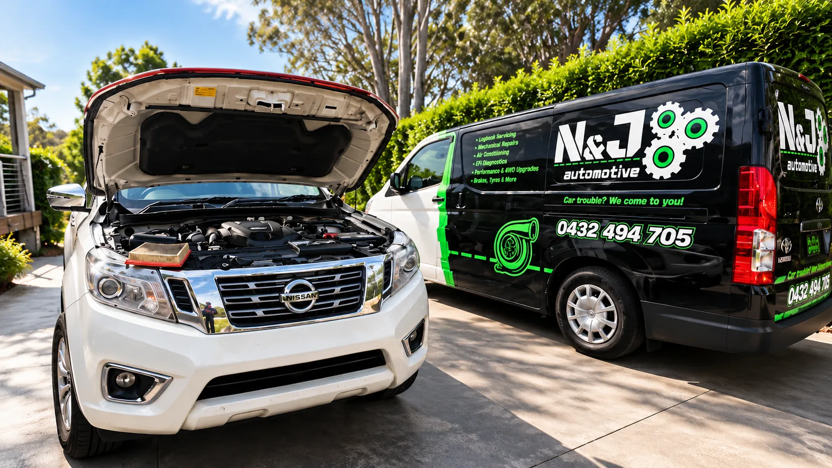 N & J Automotive van beside a car being serviced in a Sydney driveway